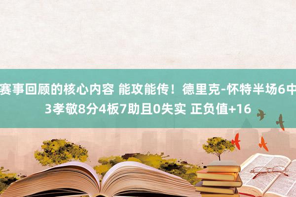 赛事回顾的核心内容 能攻能传！德里克-怀特半场6中3孝敬8分4板7助且0失实 正负值+16